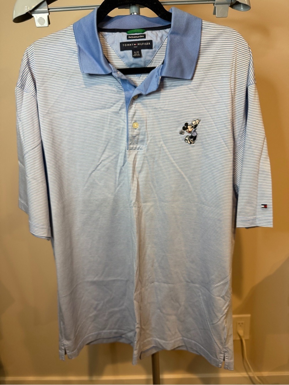 Tommy Hilfiger Golf Mickey Mouse Polo Shirt XL Blue White Micro Stripe Vintage